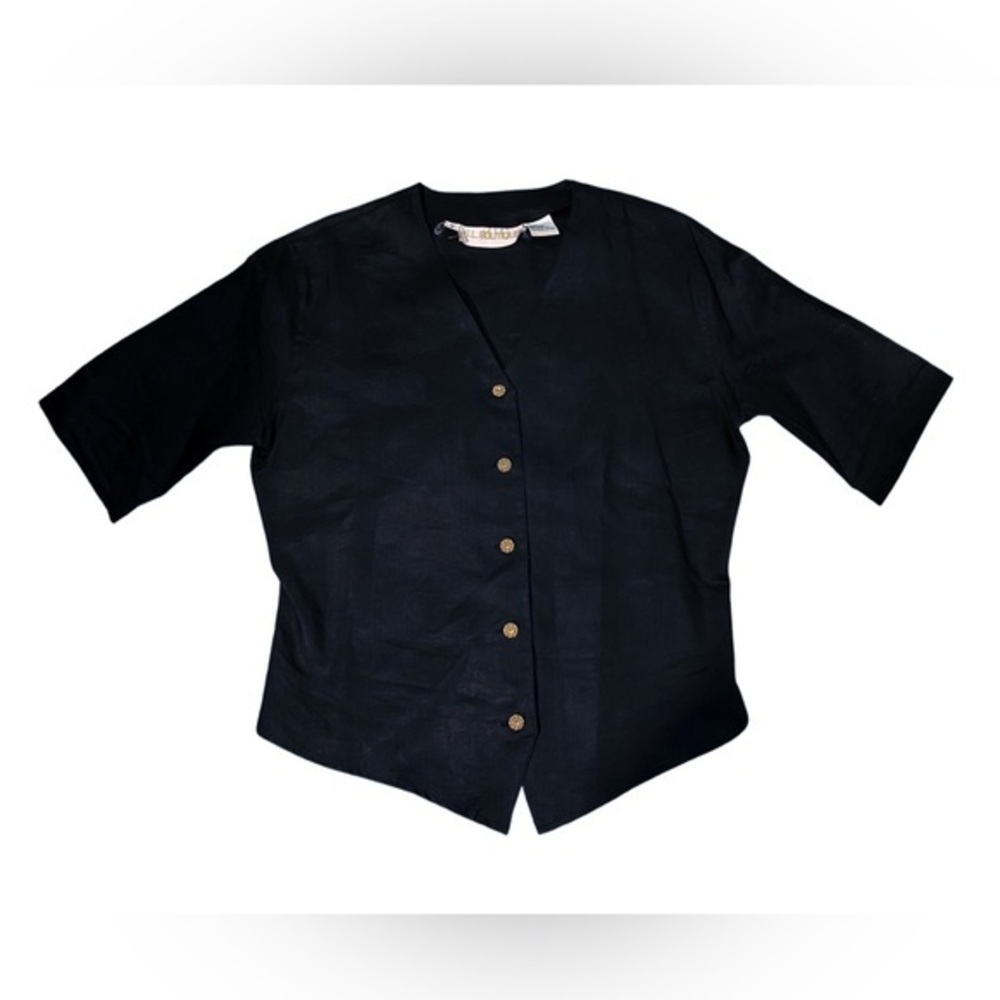 Vintage 100% Linen Waistcoat Style Black Button-Down Blouse Size Medium
